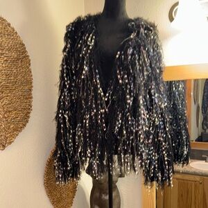 COPY - Pink and Black Fringe Shrug with Metallic Accents